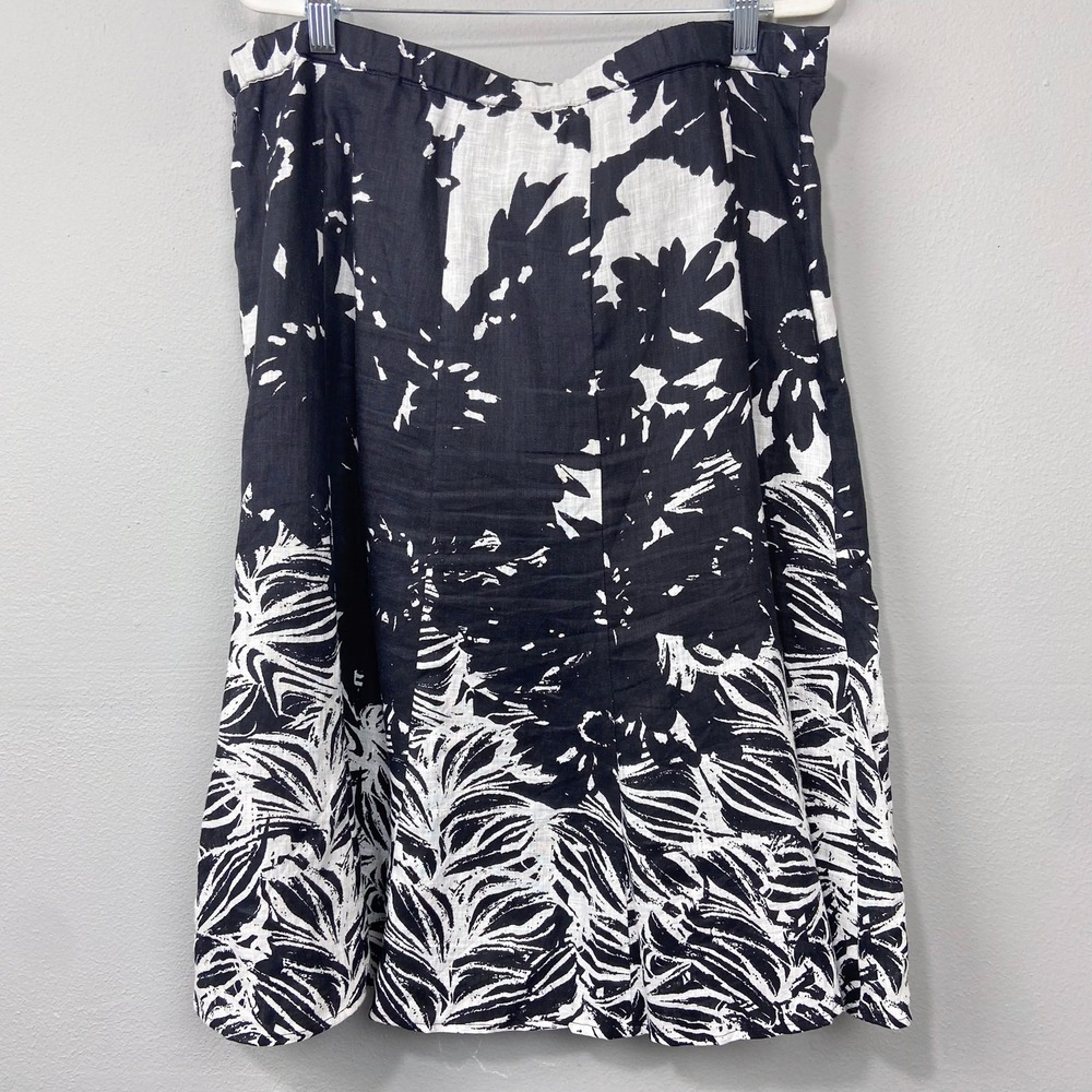 Coldwater Creek Linen Skirt Sz XL Black White Floral Knee Summer Cottage Coastal
